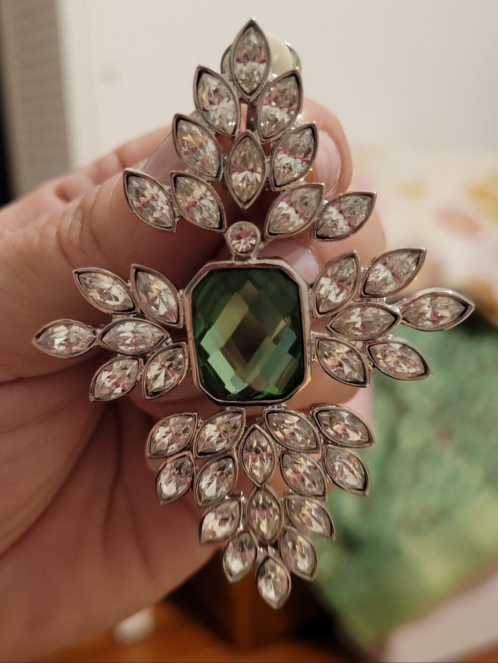 Upscale Emerald Green Statement Earrings - Silver Crystal Diamonds High Fashion
